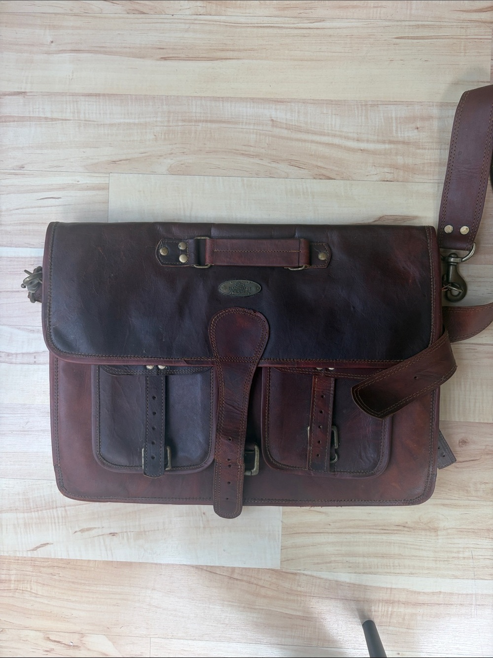 HLC Handmade Men's Leather Briefcase Messenger Bag - Brown